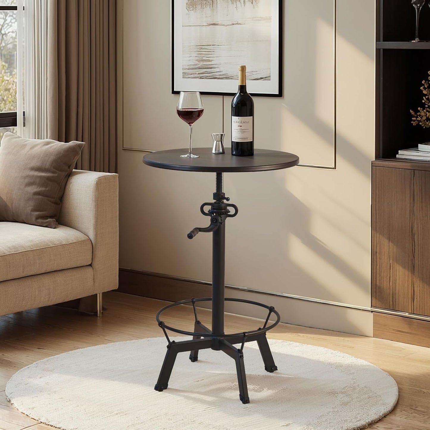 LOKKHAN Industrial Bar Table-33.5-39.4 Inch Tall-Adjustable Bar Height Pub Table-23.7 Inch Swivel Round Metal Top-Easily Adjusts by Crank Handle, Black