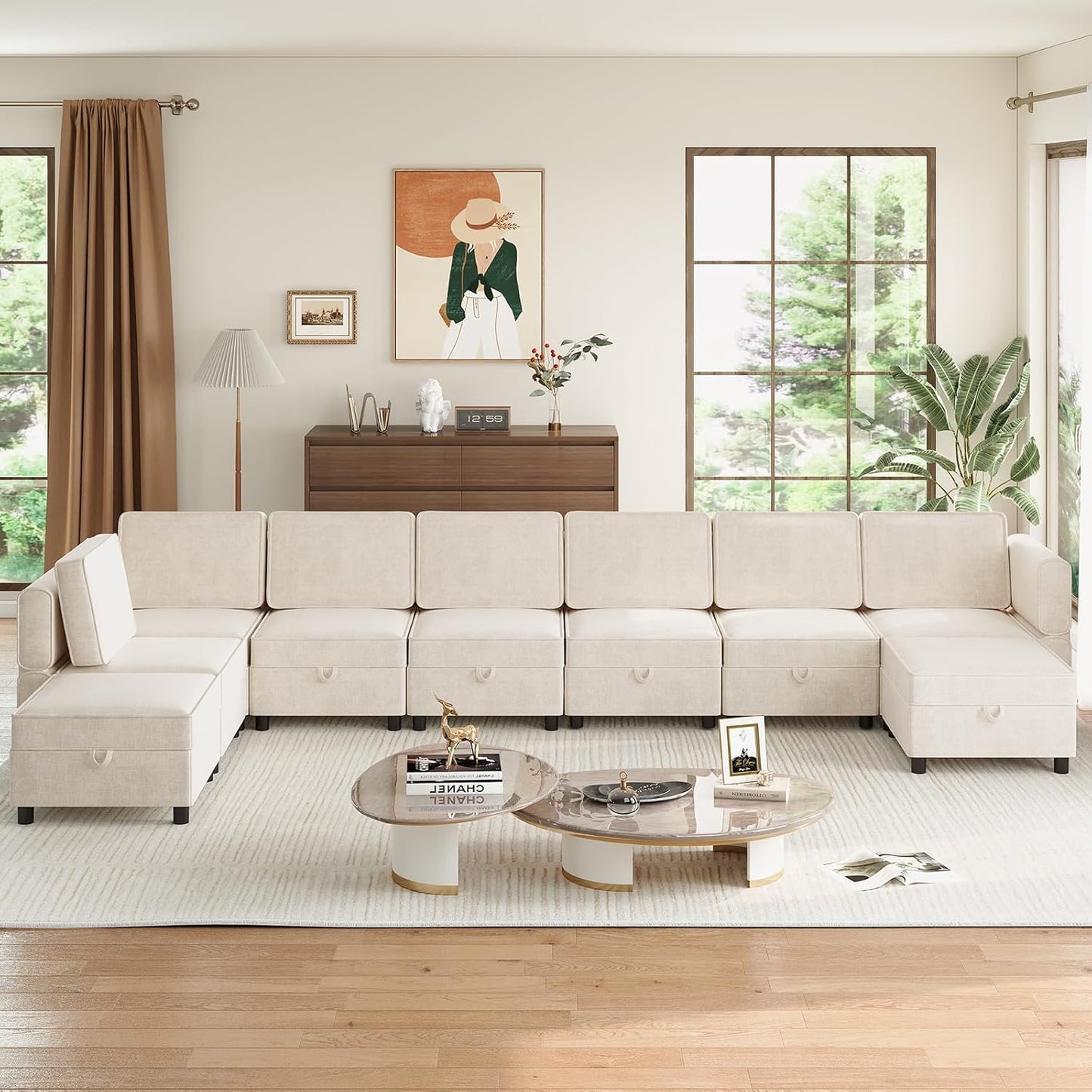 Modular Sectional 9-Seat Sofa, L Shaped Sectional Couch with Removable Storage Ottoman, Convertible Sleeper Sofa Suitable for Living Room, Bedroom, and Apartments, Beige