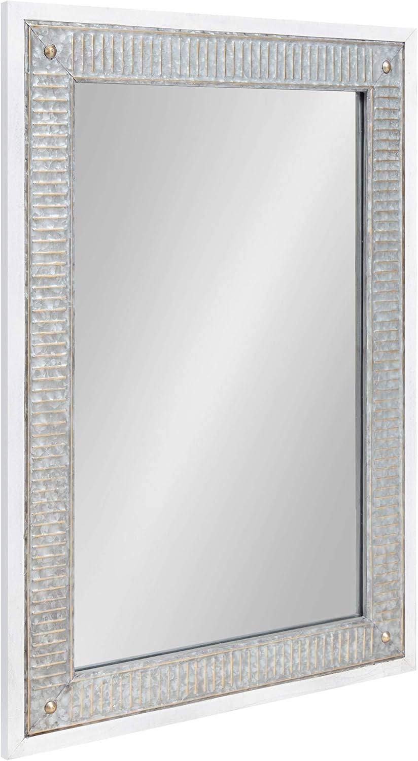 Kate and Laurel Deely Farmhouse Wall Mirror, 27 x 39, White and Silver, Rustic Wall Decor with Galvanized Metal Frame