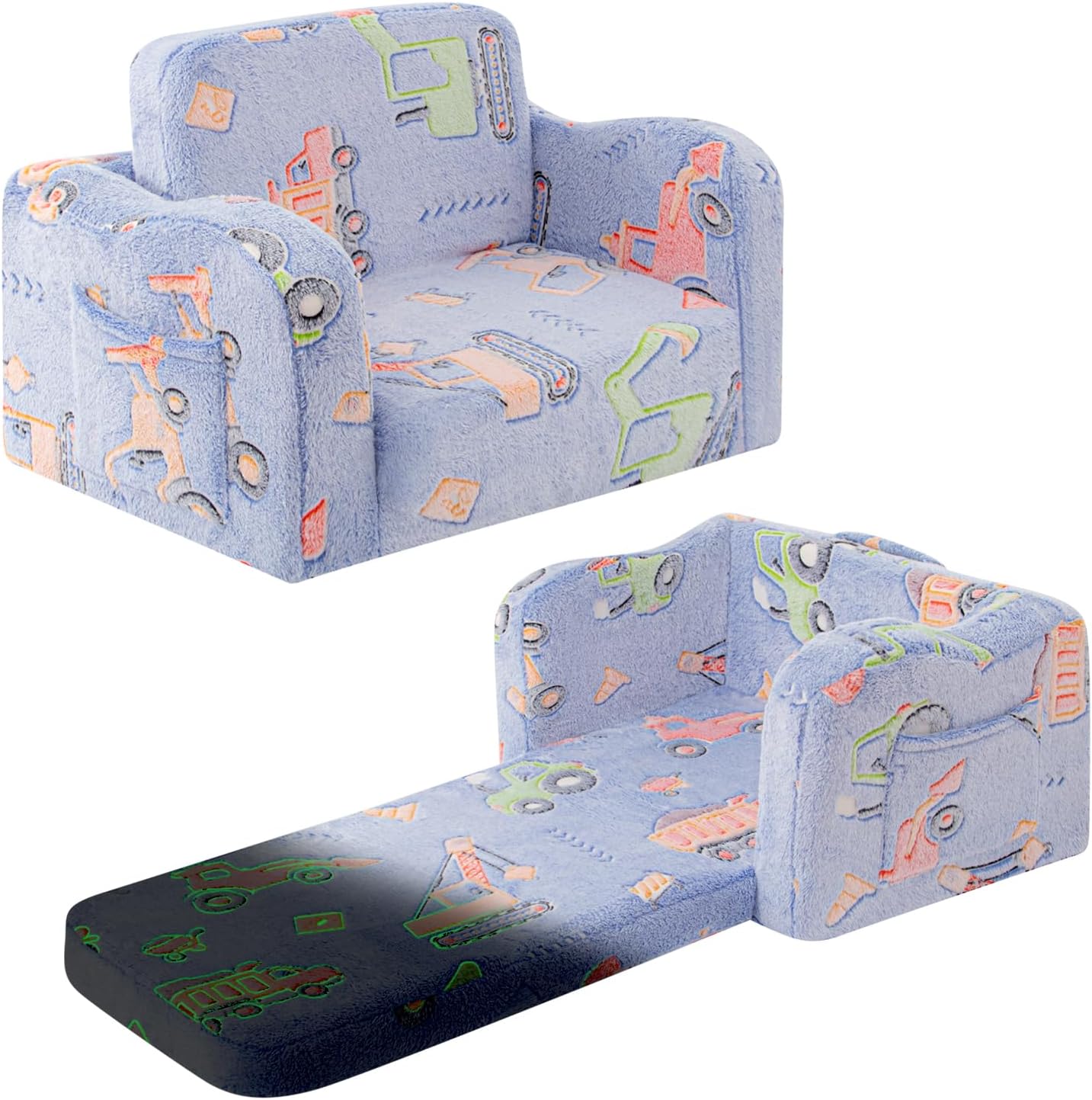 Toddler Chair and Couch, 2 -in-1 Toddler Couch Fold Out, Convertible Chairs for Toddlers Comfy Sofa to Lounger with Glow in The Dark Feature, Soft for Girls and Boys