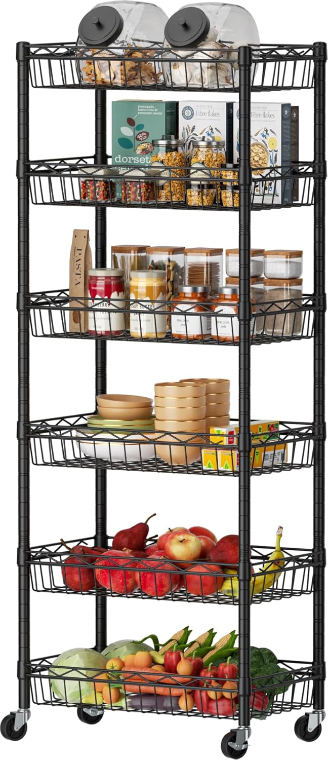 SINGAYE 6 Tier Basket Shelf Wire Shelving Unit Adjustable Storage Shelves Big Basket Rack for Garage Kitchen Office Pantry Corner 17" Dx12 Wx63 H Black