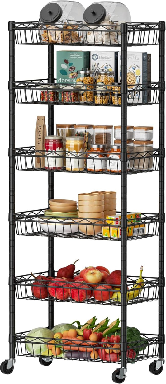 SINGAYE 6 Tier Basket Shelf Wire Shelving Unit Adjustable Storage Shelves Big Basket Rack for Garage Kitchen Office Pantry Corner 17" Dx12 Wx63 H Black