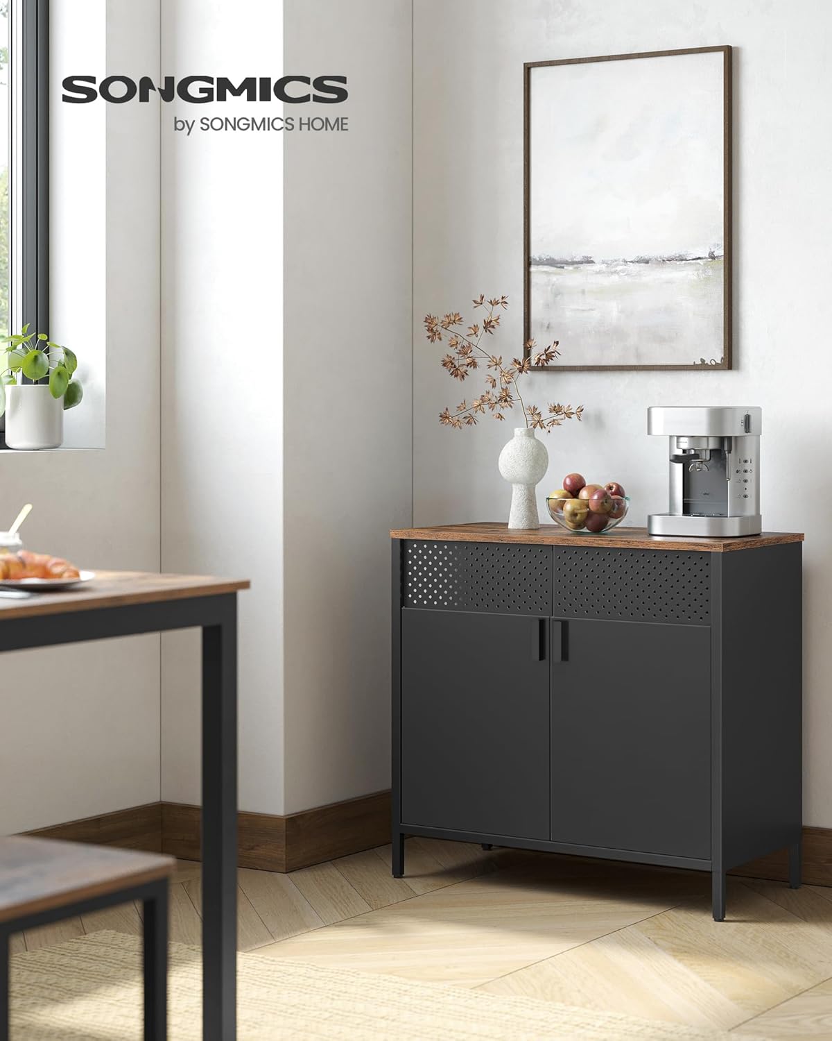 SONGMICS Set of 2 Storage Cabinets, Metal Cabinet, Sideboard with 2 Doors, 15.7 x 31.5 x 29.9 Inches, Magnetic Closure, Adjustable Shelf, Steel Frame, Rustic Brown and Black ULSC791B01