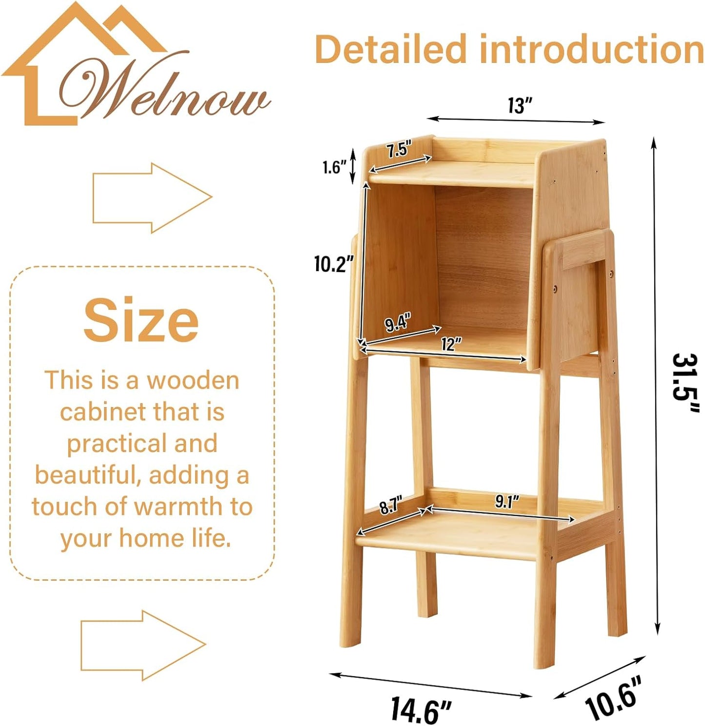 Welnow Bamboo Bookcase with Cabinet, Natural End Table with 1-Tier Storage Shelf, Modern Bedside Organizer Side Table for Bedroom or Living Room, Wood Bookshelf with Open Space