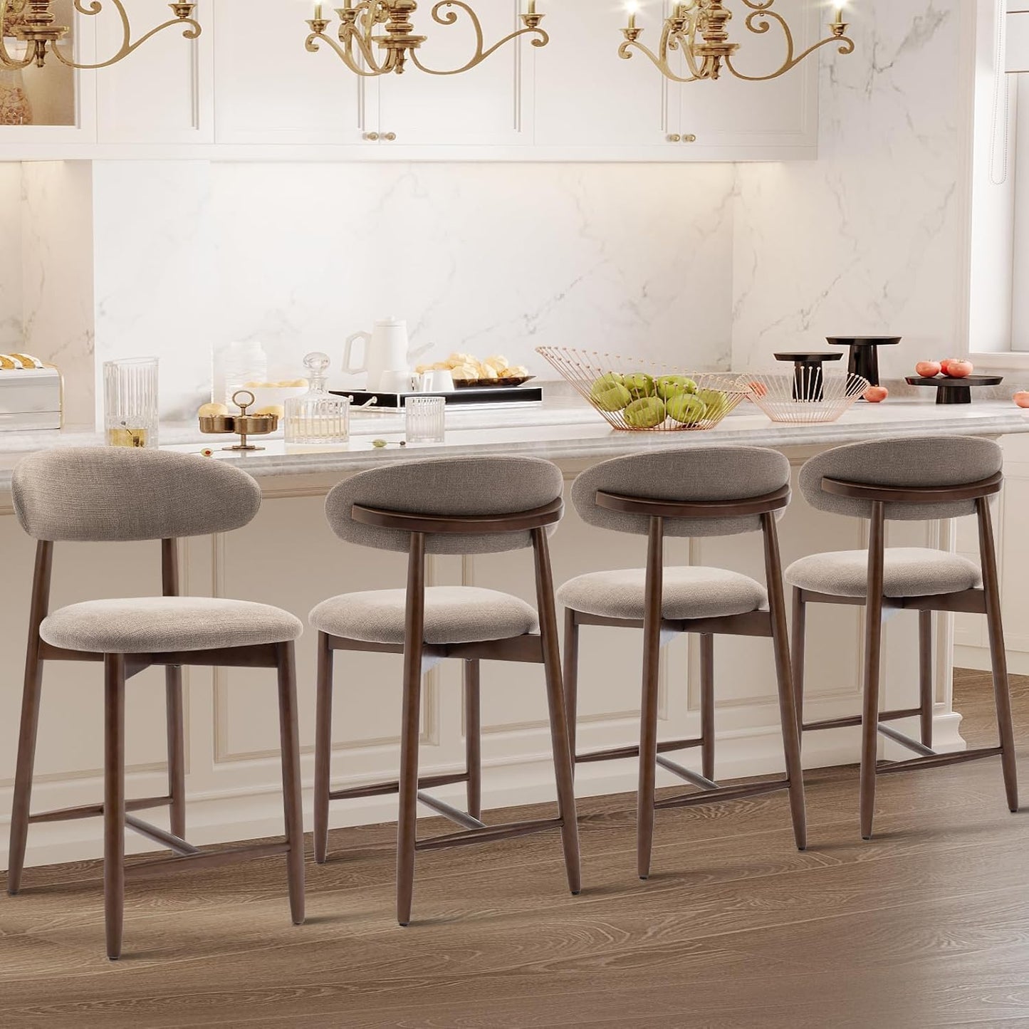 COLAMY Counter Height Bar Stools Set of 4, Kitchen Bar Stools with Back, Mid Century Modern Upholstered, with Wood Legs for Kitchen Island Dining Room, Camel