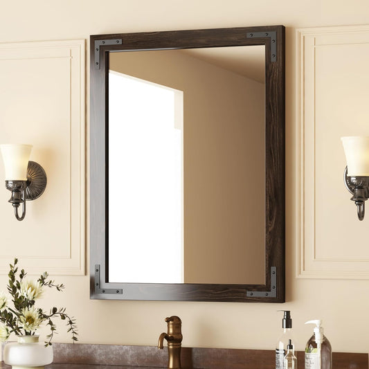VocalStar Black Wood Framed Mirror 24 x 36 Inch, Rustic Natural Black Wooden Rectangle Bathroom Vanity Wall Mirror for Farmhouse Boho Decor, 1/4-inch Shatterproof Glass | Waterproof