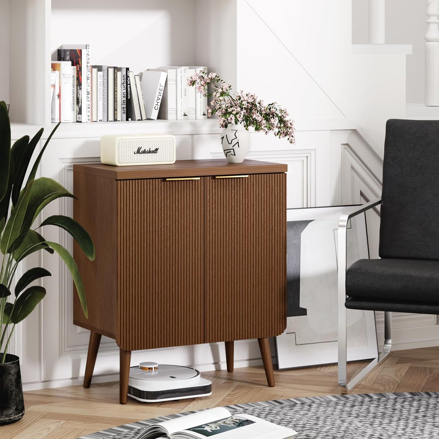 Buffet Cabinet with Storage, Fluted Multifunctional Storage Cabinet with 2 Doors, Sideboard Buffet Credenzas for Living Room, Entryway, Hallway, Walnut