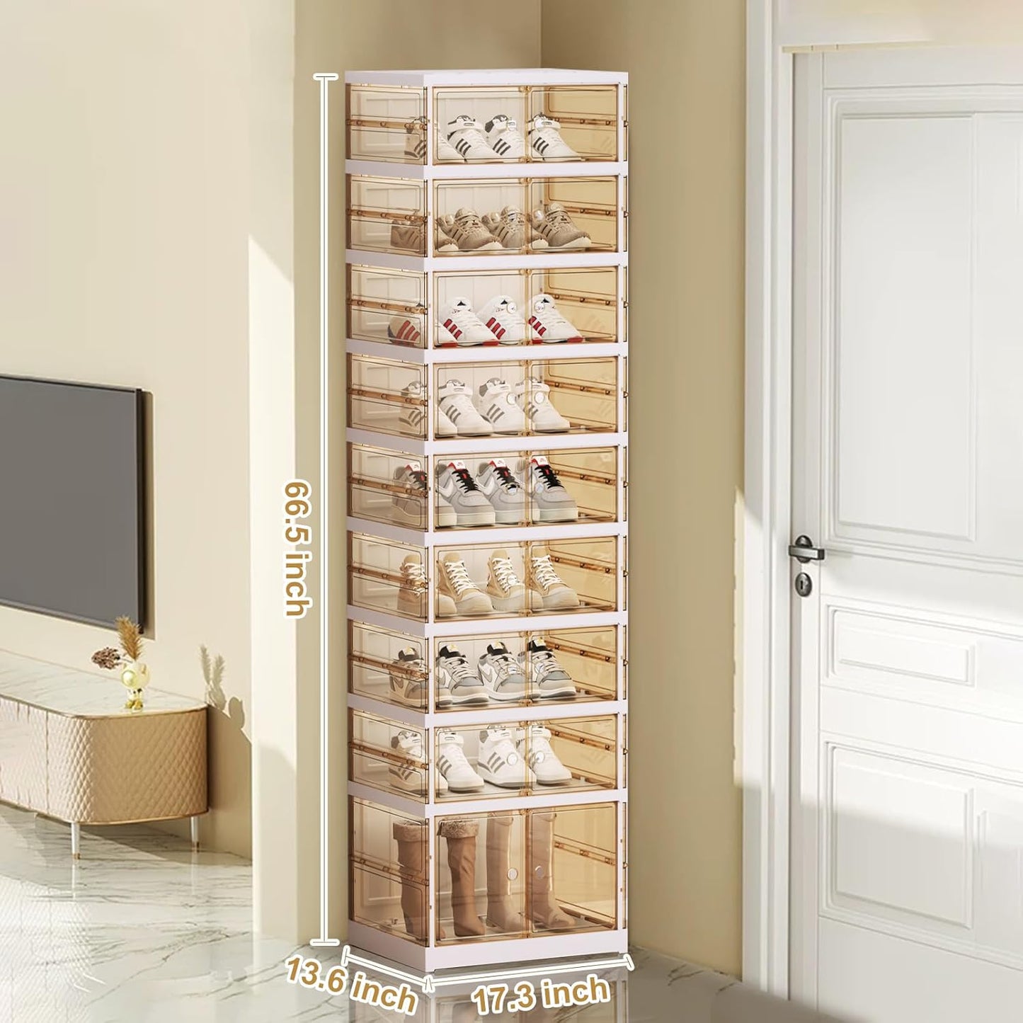 ELPHECO 9 Tier 18 Pairs Plastic Shoe Rack - Clear Foldable Shoe Organizer, Folding Entryway Shoe Cabinet, Collapsible Sneaker with Magnetic Doors, Stackable Shoe Shelf,Three-Sided Clear Shoe Box