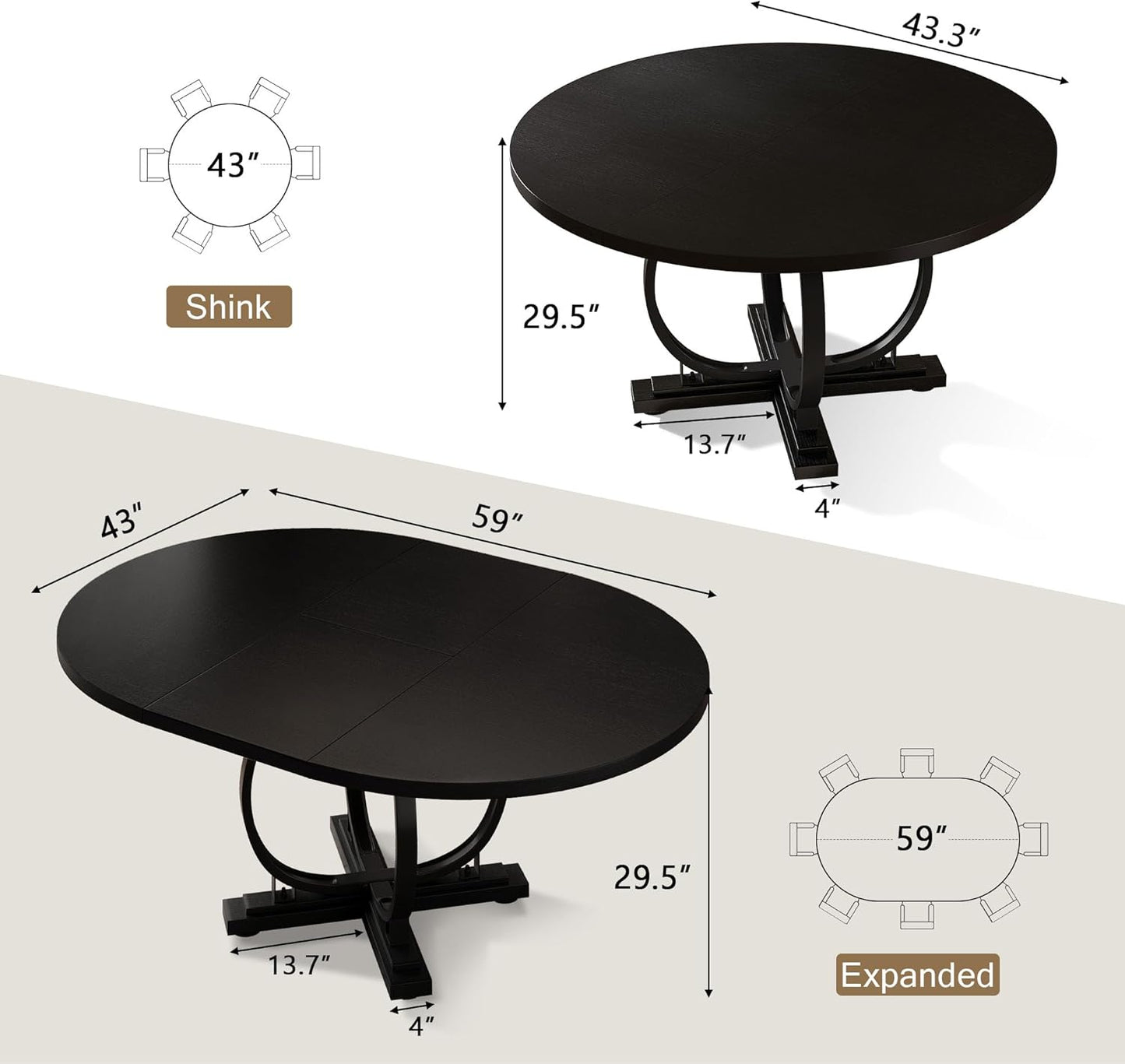 59" Round Extendable Dining Table for 4-6, Modern Oval Kitchen Table with Heavy Duty Curved Legs & Wood X-Based, MDF Board with Spring Buckle, Space Saving, Dining Kitchen Living Room, Black