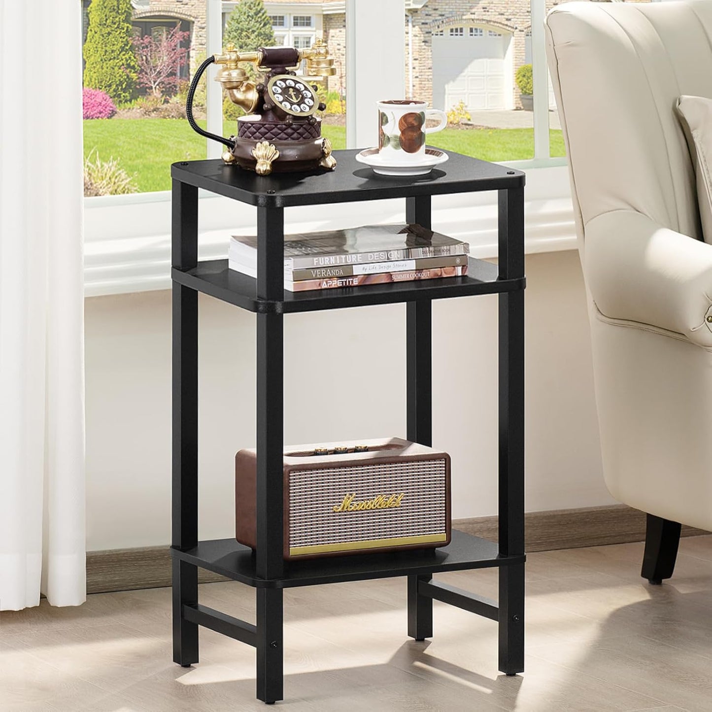 28in Tall Side Table Set of 2, 3-Tier Small Narrow End Table for Couch, Skinny Nightstand for Small Space, Farmhouse Slim Night Stand with Storage, Wooden Frame Thin Bedside Table, Black