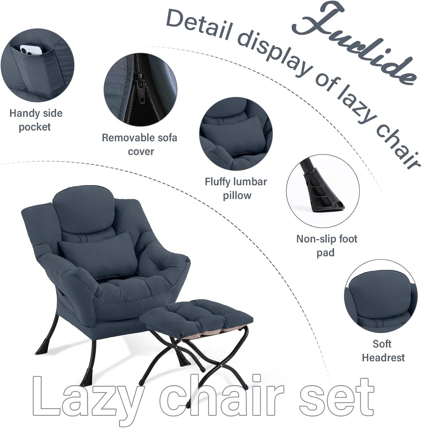 Lazy Chair with Ottoman, Modern Lounge Chair with Lumbar Pillow, Accent Cozy Reading Armchair and Folding Footstool for Bedroom, Dorm, Living Room,Navy