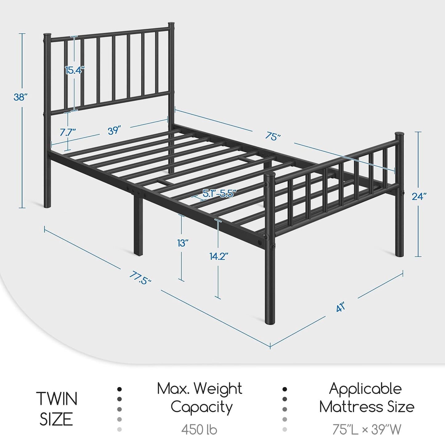 Yaheetech Twin Bed Frame Metal Platform Bed Frame Mattress Foundation with Spindle Headboard & Footboard/No Box Spring Needed/14 Inch Underbed Storage/Firm Support & Easy Set up Structure, Black