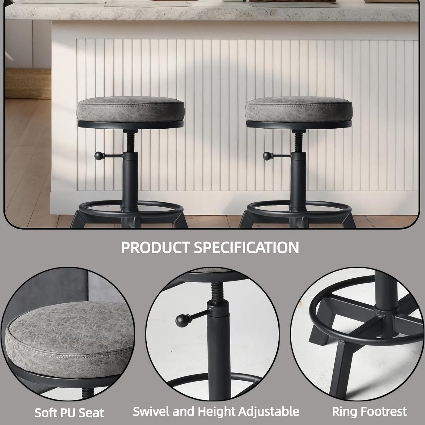 Industrial Bar Stools-Standard Height Chairs-Swivel Pu Seat-Kitchen Island Stool-Height Adjustable 15-21inch(Set of 2)