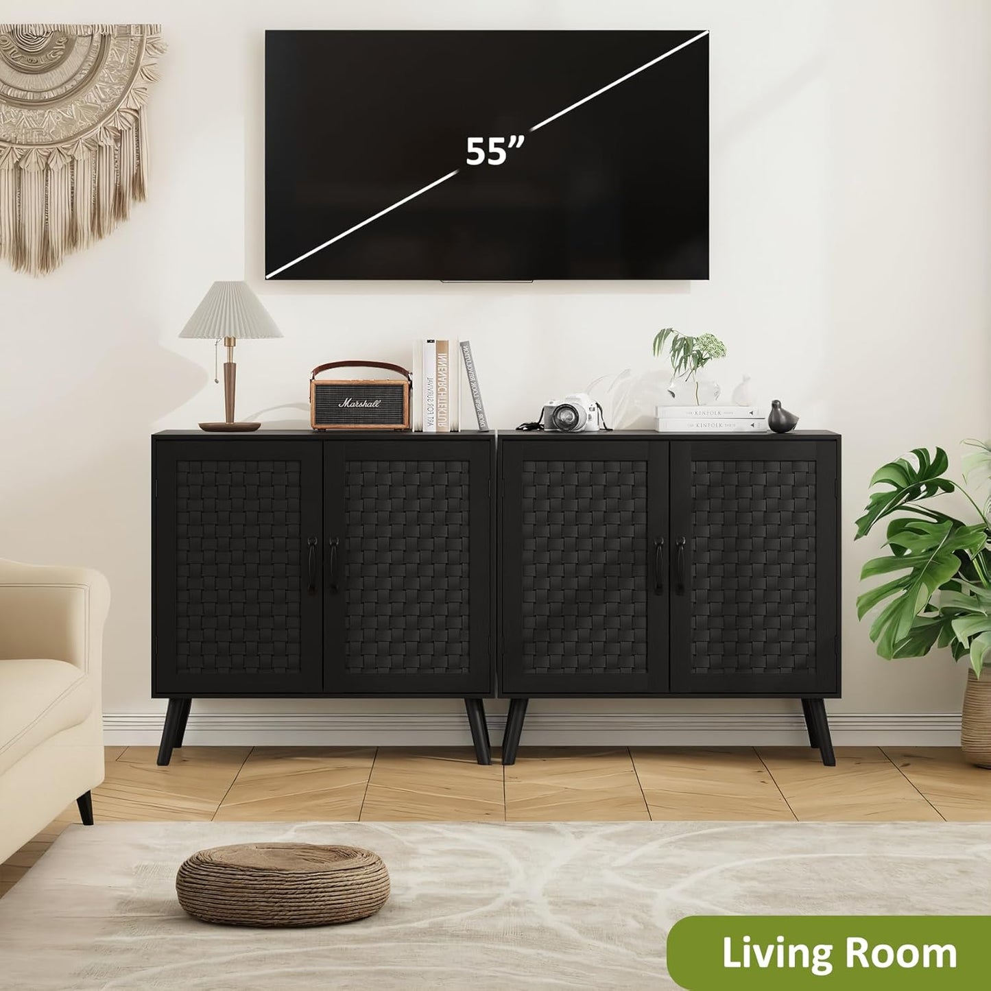 Black Buffet Sideboard Cabinet, Storage Cabinet with Handmade PVC Rattan Decor Doors, Wooden Coffee Station with Adjustable Shelf for Kitchen, Living Room, Entryway