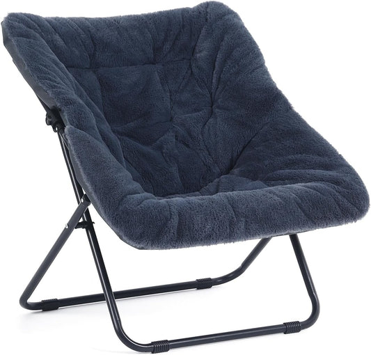 Saucer Chair, Comfy Doorm Chairs, Oversized Folding Faux Fur Chair, Foldable Metal Frame Chair, for Bedroom, Living Room, Balcony, Study, Playroom (Navy Blue)