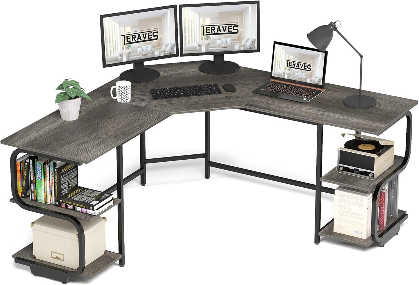 Teraves Modern L Shaped Desk with Shelves,64.84" Gaming Computer Desk for Home Office,Corner Desk with Desktop (Black Oak+Black Frame, Large+4 Tier Shelves)