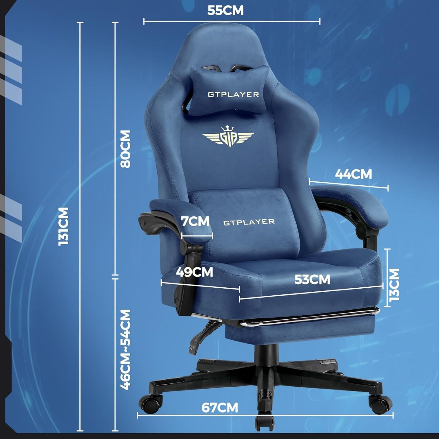 GTPLAYER Gaming Chair Fabric with Pocket Spring Cushion, Big and Tall Gamings Chairs 350LBS High Back Computer Chair with Footrest for Adults Lumbar Support Swivel Game Chair for Office Gaming Blue