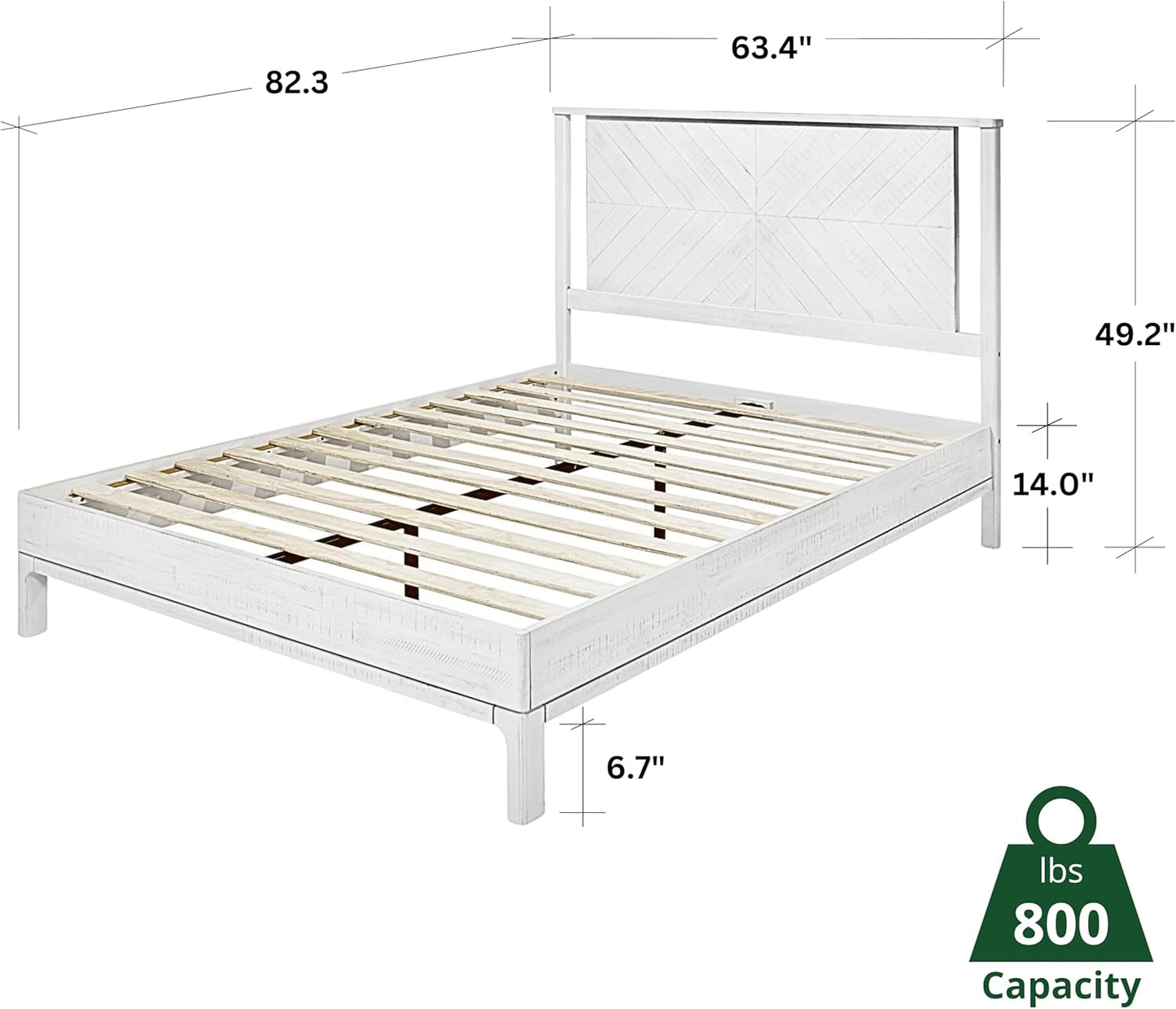 Bme Vivian 14 Inch Deluxe Bed Frame with Headboard, Rustic & Scandinavian Style with Solid Acacia Wood, No Box Spring Needed, 12 Strong Wood Slat Support, Easy Assembly, Queen, Rustic White