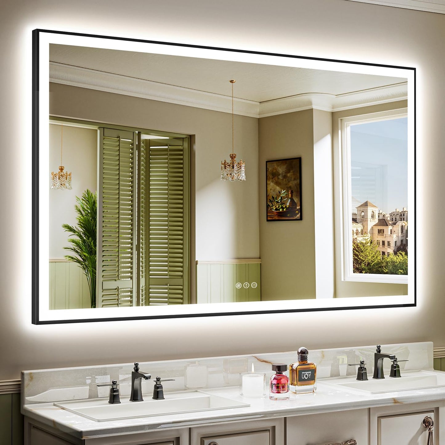 66x40 Inch LED Bathroom Mirror with Lights (Front Lit and Backlit) Black Framed Lighted Vanity Mirror for Bathroom Wall Dimmable Anti-Fog Memory Tempered Glass Horizontal/Vertical