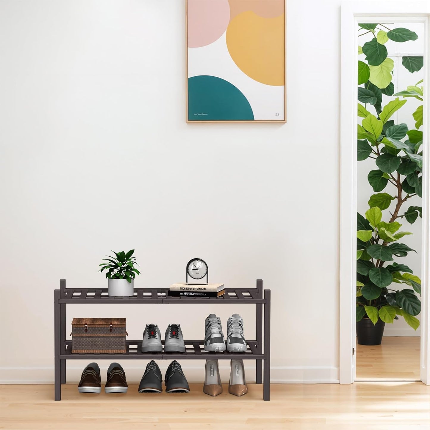 Haddockway Large 2 Tier Bamboo Shoe Rack Storage Organizer, Multifunctional Free Standing Stackable Shoe Shelf with Grid Panel for Closet,Hallway,Entryway,Small Space 27"x12"x14"(Brown, 2-Tier(Large))