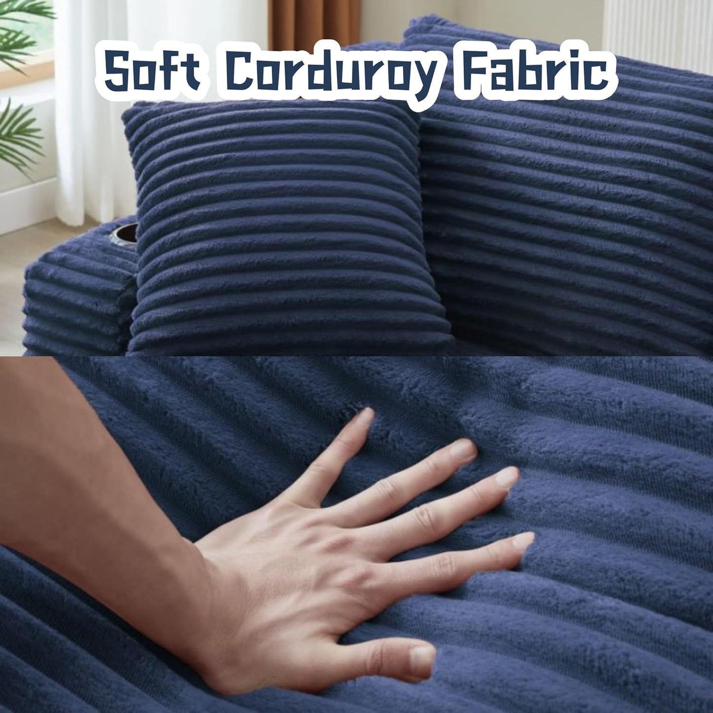 Oversized Sectional Double Chaise Lounge, Compressed Boneless Lounge Chaise with Cupholders, Boneless Sofa with Deep Seat, Fluffy Modern Sleeper Loveseat for Indoor Living Room, Blue