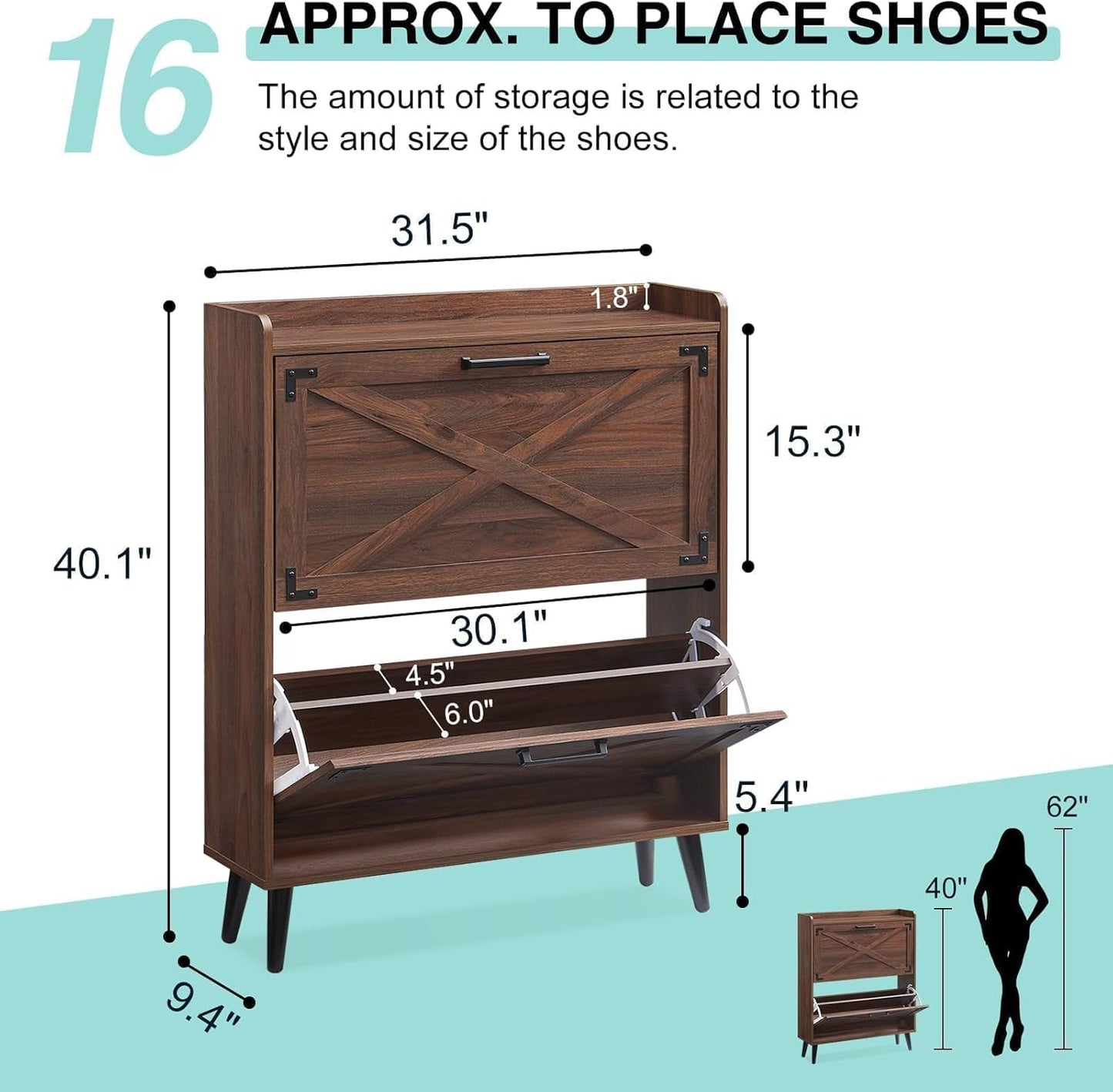 Shoe Storage Cabinet,Farmhouse Shoe Organizer with 2 Flip Drawers & Barn Door Design,Freestanding Hidden Slim Narrow Shoe Rack Cabinet for Entryway,Foyer,Hallway,Walnut