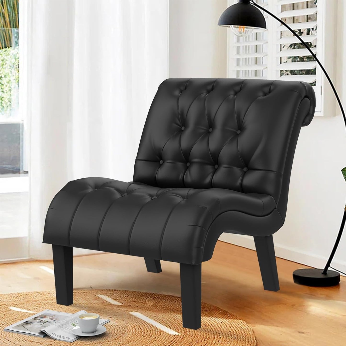 Yongqiang Black Faux Leather Accent Chair Modern Button Tufted Upholstered Armless Chair for Bedroom Living Room with Wood Legs