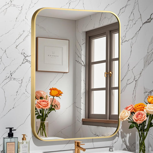 Brushed Gold Mirror, 30"x36" Rectangle Bathroom Mirror, Metal Frame Rectangle Corner Vanity Mirror, Wall Mounted Mirror for Modern, Living Room, Bedroom, Horizontal Or Vertical