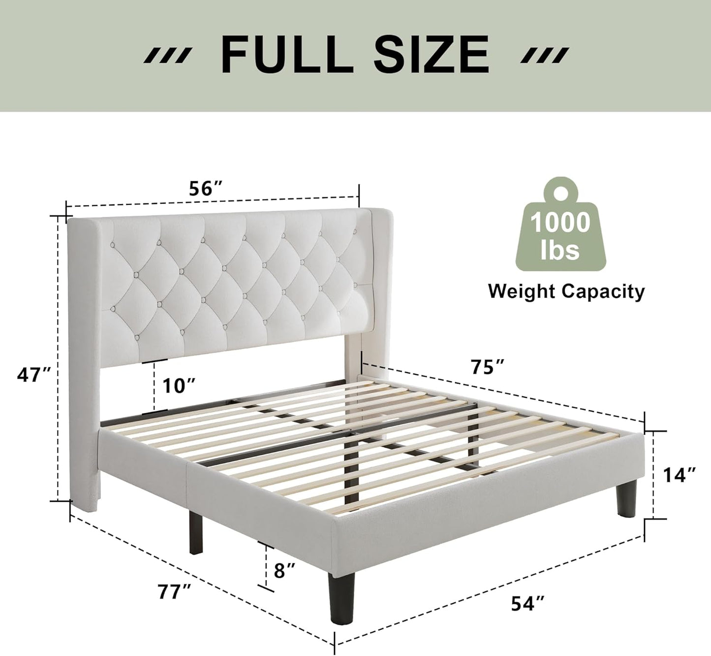Feonase Full Size Bed Frame with Upholstered Wingback Headboard, Platform Bed and Heavy Duty Wooden Slats Support, Easy Assembly, Noise-Free, No Box Spring Needed, White