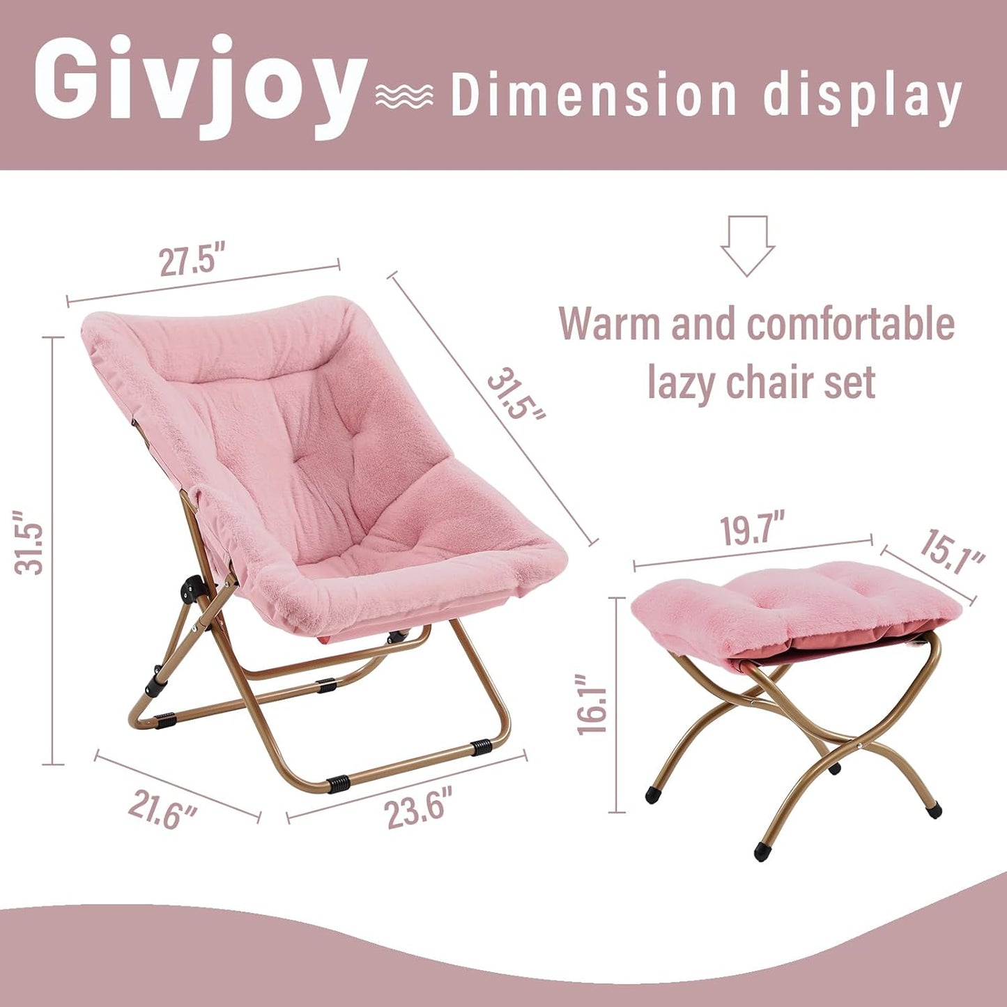 Comfy Folded Chair with Ottoman, Oversized Folding Faux Fur Chair Soft Furry Lounge Lazy Chair with Metal Frame Moon Chair Accent Chair for Bedroom, Living Room, Dorm Rooms