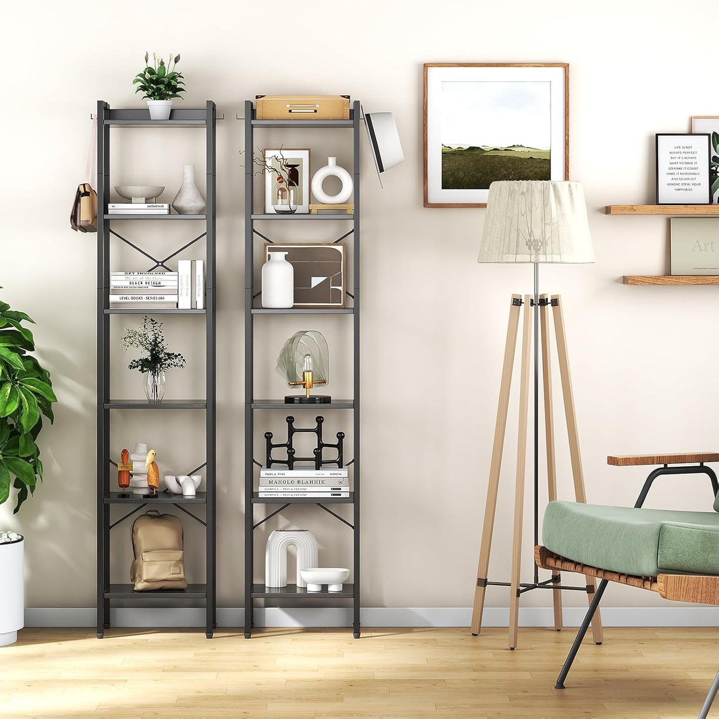 5 Tier Bookshelf, Bookcase with 5 Shelves, Storage Rack Organizer, Corner Wood Storage Shelf with Metal Frame for Bedroom, Living Room (Black)