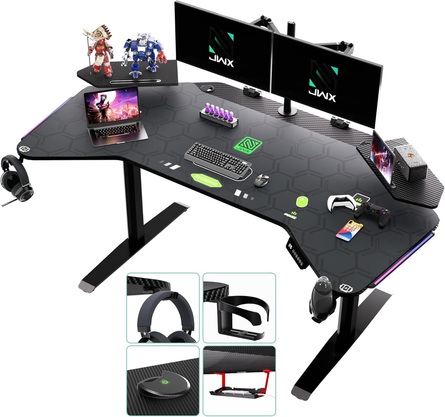 JWX Dual Motor Standing Gaming Desk with Aluminum Alloy Led Lights, 72'' Wing Shaped Large Gaming Studio Music Desk with Slot Design Shelves, for Streamer, Social Media Influencer & Music Recording