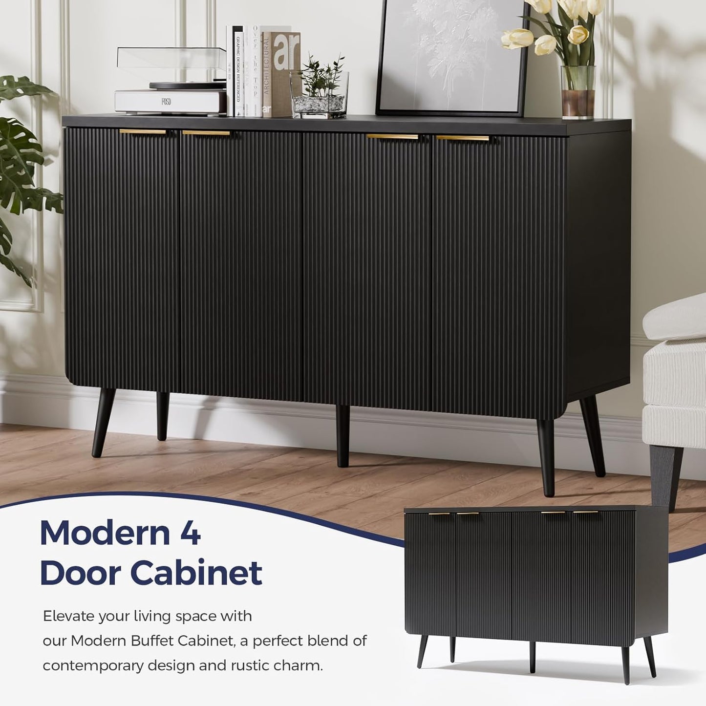 47.2" Buffet Cabinet with 4 Doors, Accent Sideboard Cabinet with Adjustable Shelf, Dining Room Sideboard with Waveform Panel, Credenzas for Living Room, Hallway, Black
