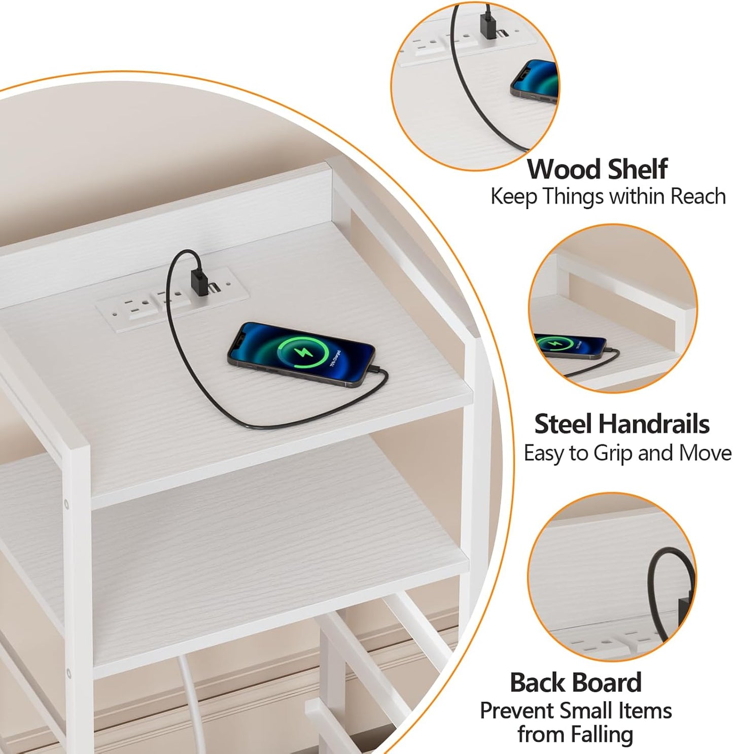 Furnulem White Nightstand with 5 Storage Drawer, Tall Dresser for Bedroom with Led Light and Charging Station, Side Table Nightstand for Closet, Fabric Bins, Metal Frame, Wood Shelf(White)