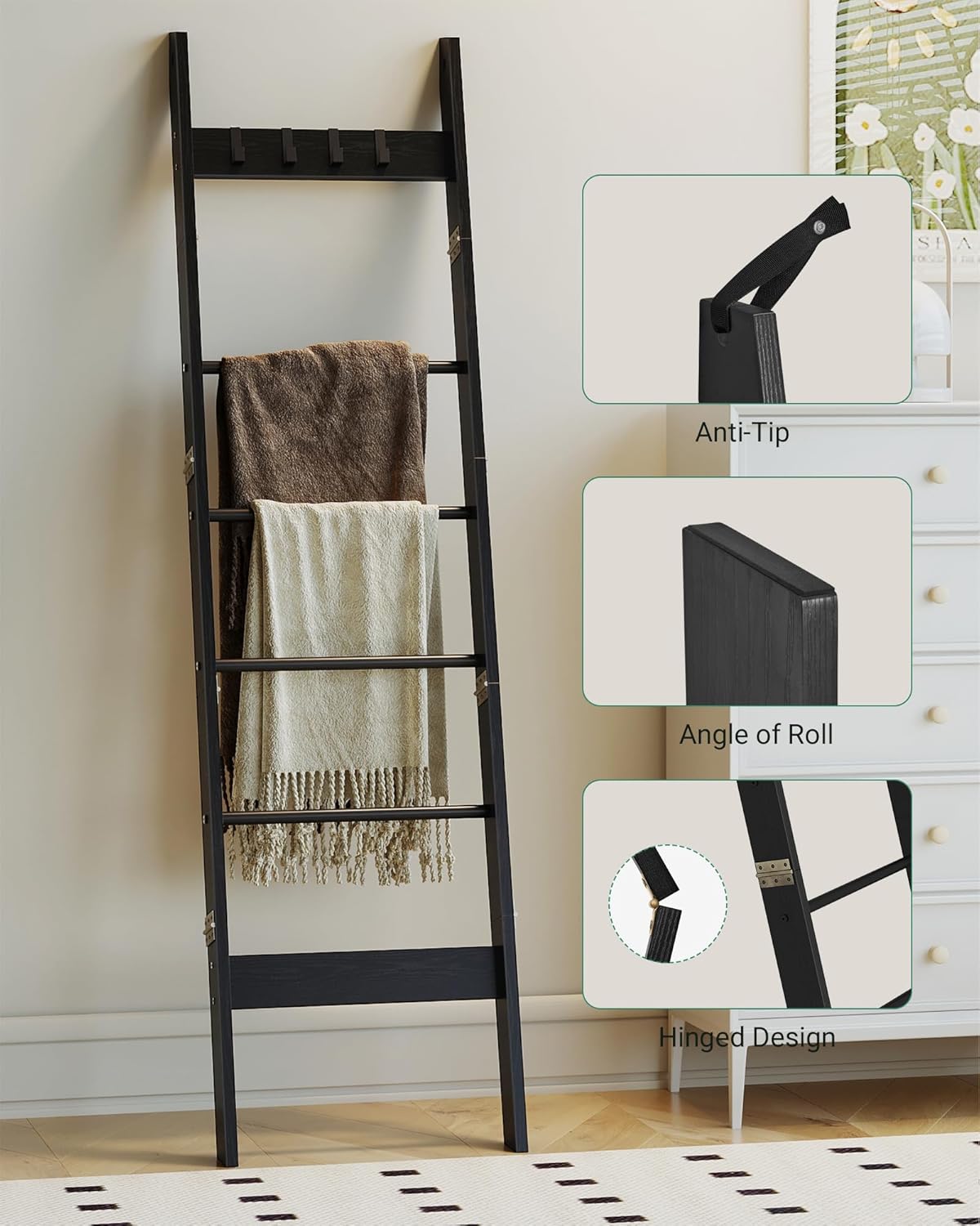 Blanket Ladder for Living Room, Decorative Quilt Rack with 4 Removable Hooks, 6-Tier Farmhouse Ladder Holder Shelf Organizer for Bedroom, Black BR31504B