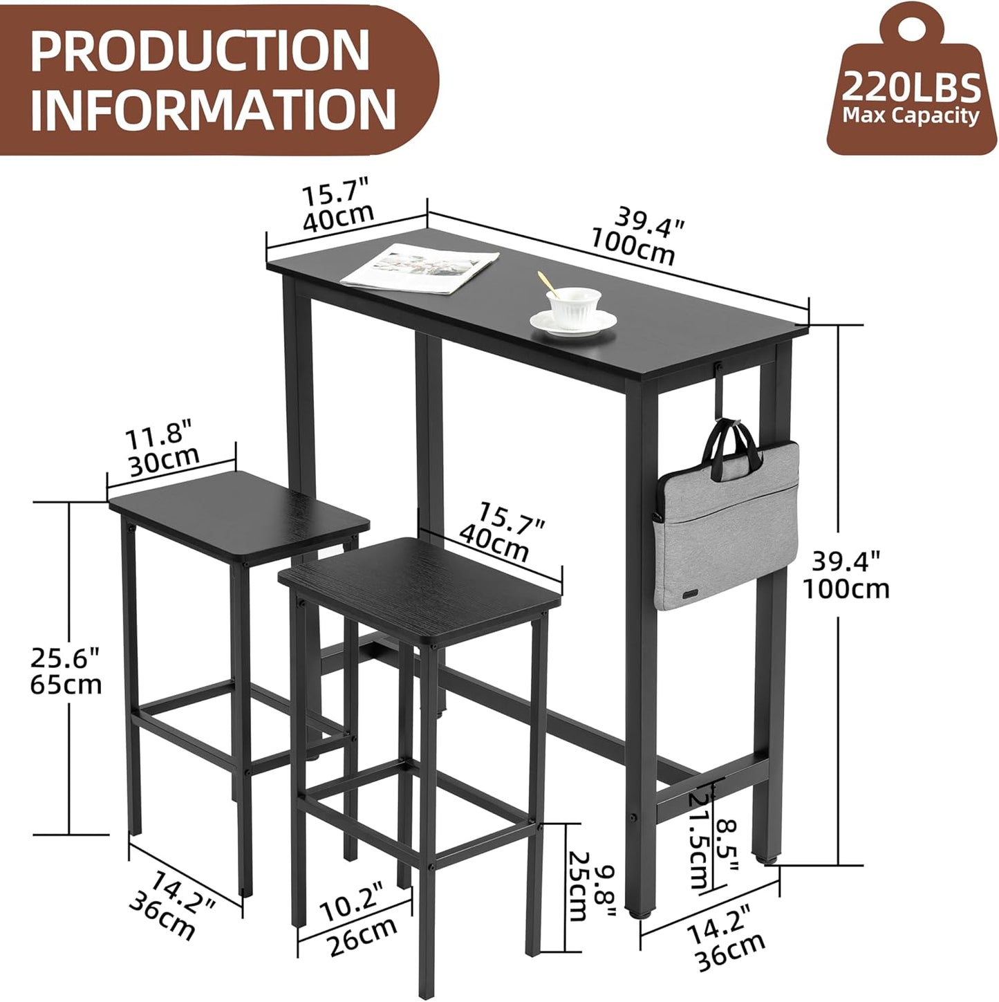 Finnhomy Bar Table Set, 39.3" Pub Table High Top Table, Rectangular Bar Height Table, Bar Table with Stools, Kitchen Table Set for 2, Industrial Breakfast for Kitchen, Living Room, Rustic Black