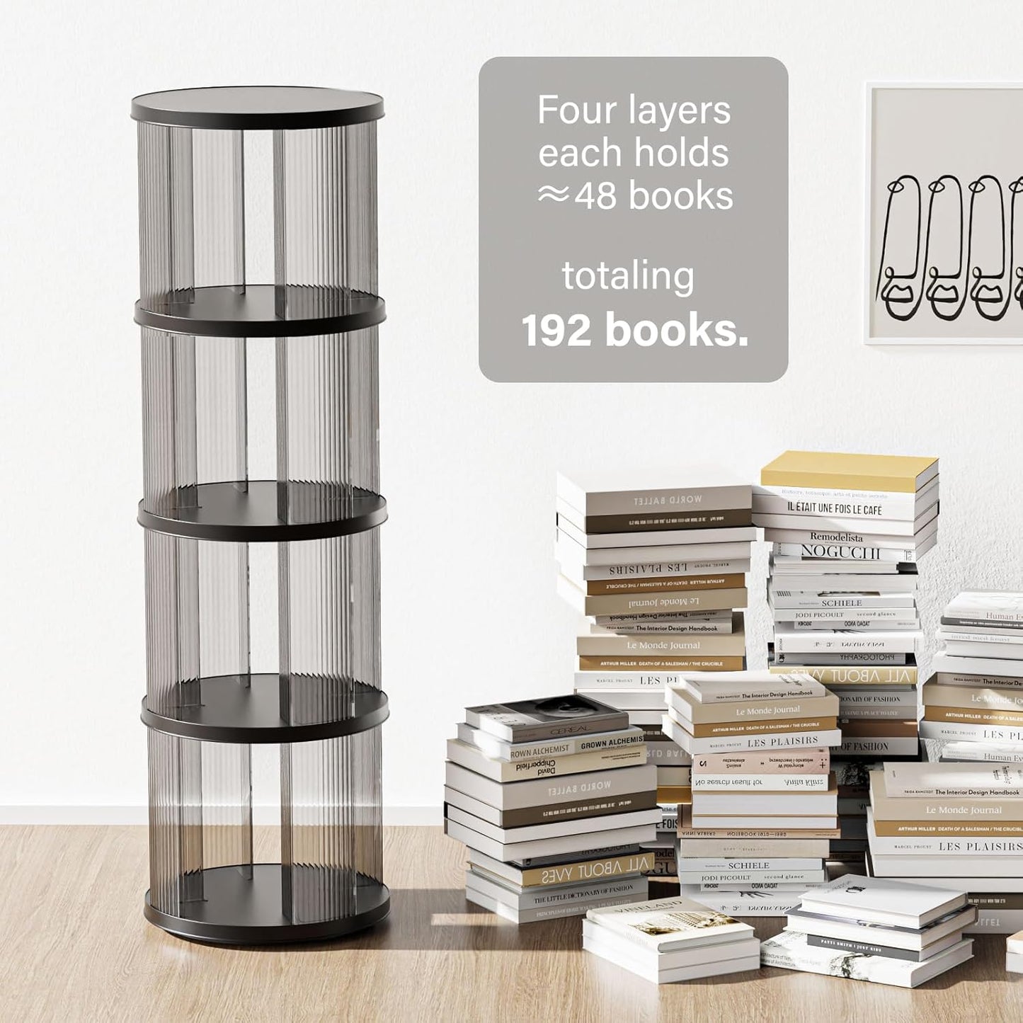 4 Tier Rotating Bookshelf, Small Corner Bookshelf for Small Space, 360 Display Floor Standing Bookcase, Lazy Susan Plastic Narrow Book Organizer for Bedroom, Living Room, Round, Black