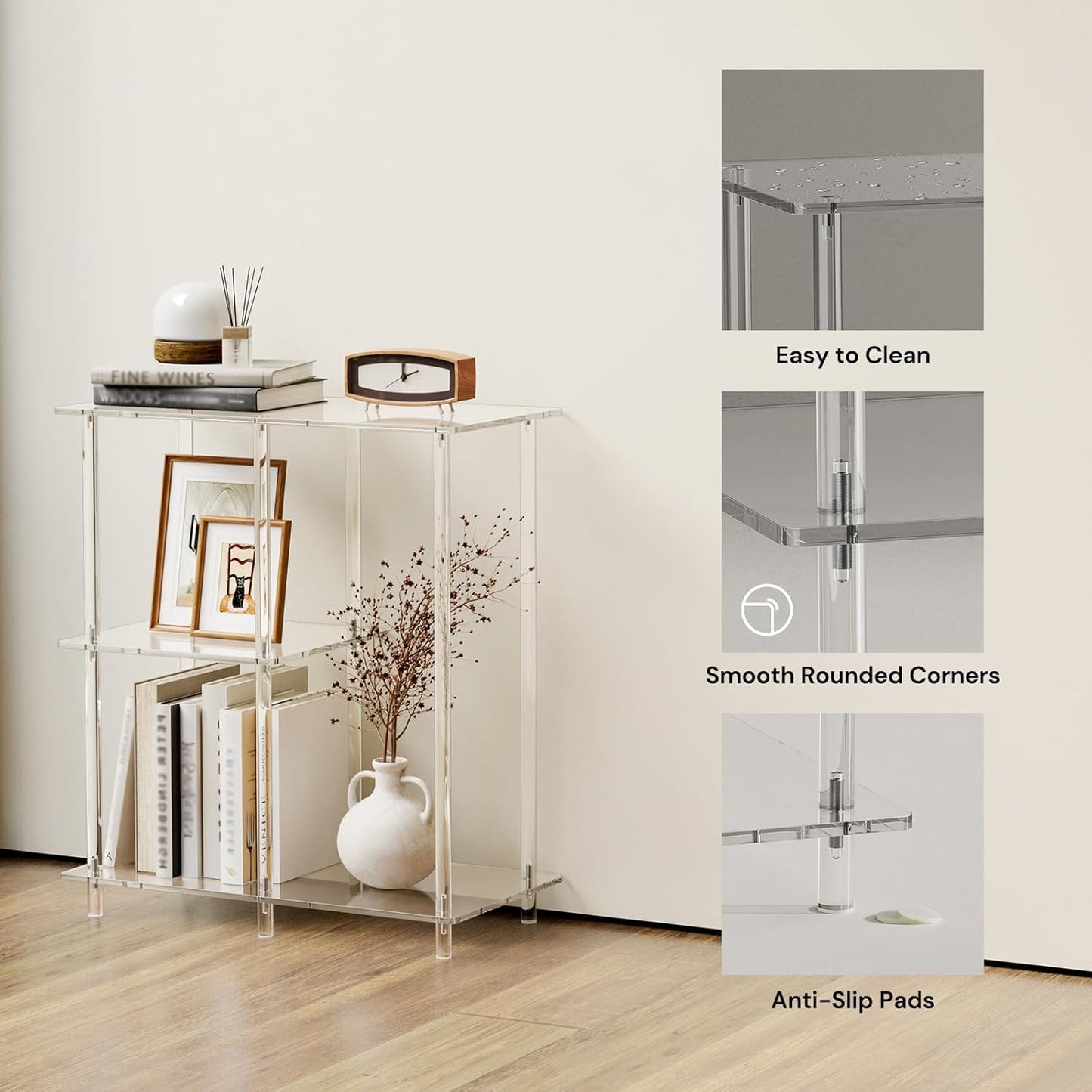 Acrylic 3-Cube Bookshelf for Small Spaces, 11.6" D x 23.6" W x 26.5" H, Clear Short Bookcase, Modern, 3-Tier Open Book Shelf for Living Room, Bedroom, Office, Easy Assembly