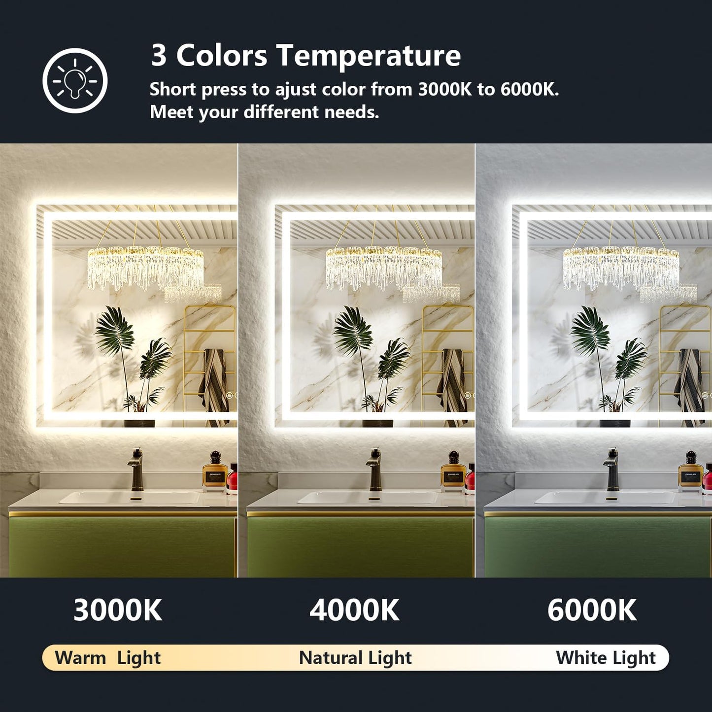 68x38 Inch LED Bathroom Mirror with Lights Front and Backlit Lighted Vanity Mirror for Bathroom Wall with 3 Colors Dimmable Anti-Fog Memory Shatter-Proof IP54 Waterproof Horizontal/Vertical