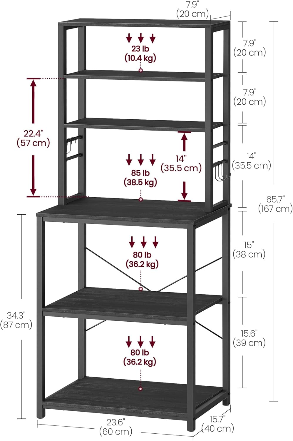 VASAGLE Coffee Bar, Baker’s Rack for Kitchen with Storage, 6-Tier Kitchen Shelves with 6 Hooks, Microwave Stand, Industrial, 15.7 x 23.6 x 65.7 Inches, Charcoal Gray and Black UKKS024B22