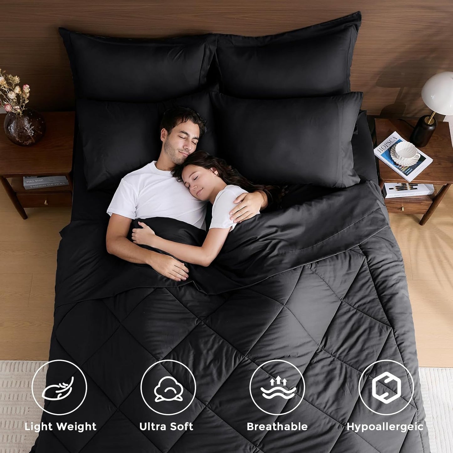 HEVUMYI Black Oversized Queen Comforter Set - 7-Piece All Season Bed in a Bag Oversized Queen, Ultra Soft Bedding Set with Comforter, Flat Sheet, Fitted Sheet, Pillowcases, Pillow Shams