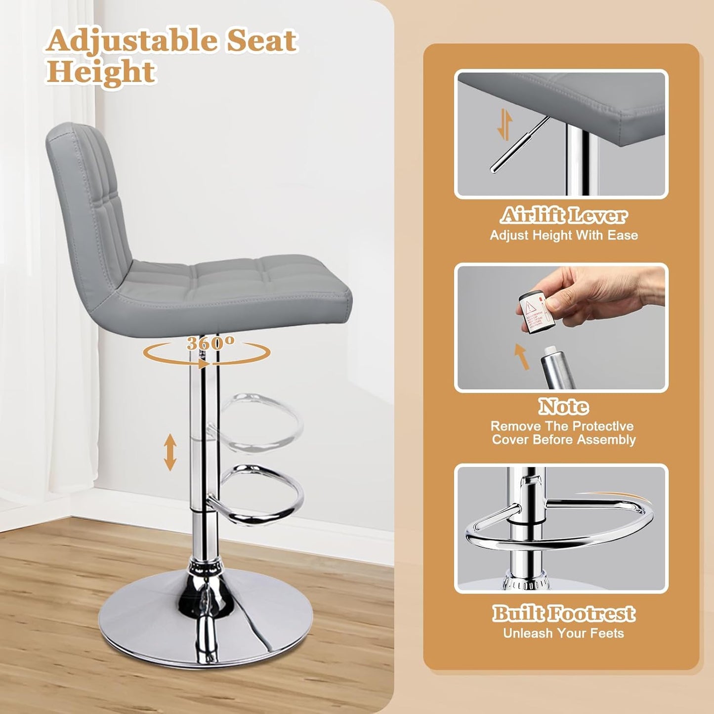 Bar Stools Set of 2,Armless Adjustable Swivel Barstools with Back,6-Squares Double Needle PU Leather Counter Height Bar Stools for Kitchen Island,Light Gray