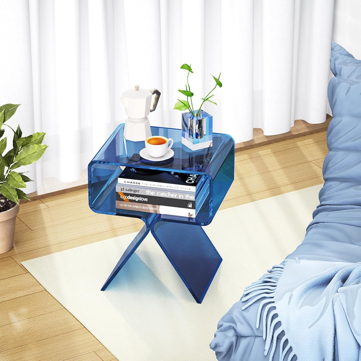 Acrylic Nightstand Side Table Modern Design Clear Home Decor Display End Table for Living Room (Blue)