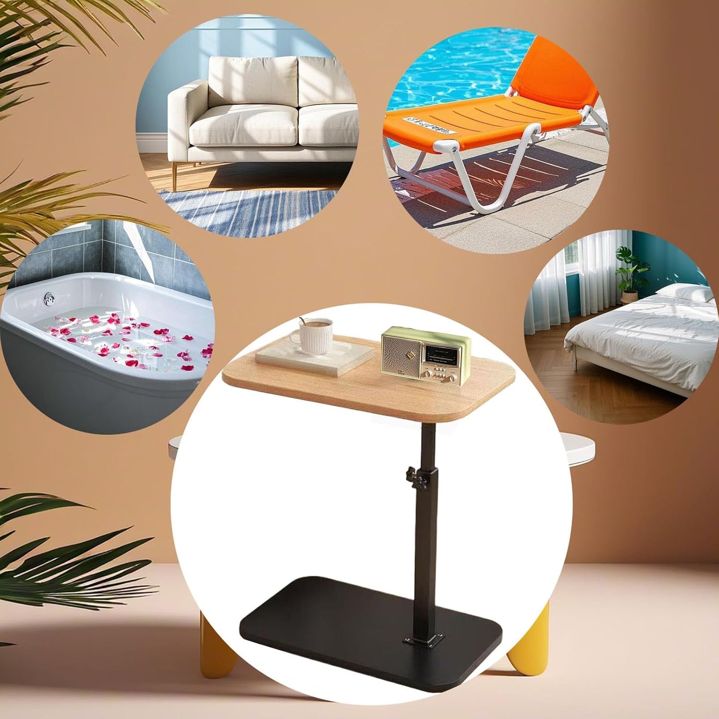 C End Table Adjustable Height,C Shaped Side Tables Living Room and Bedroom for Sofa, Chair,Bed,Coffee Small Spaces Side Table (Wood Grain Color)