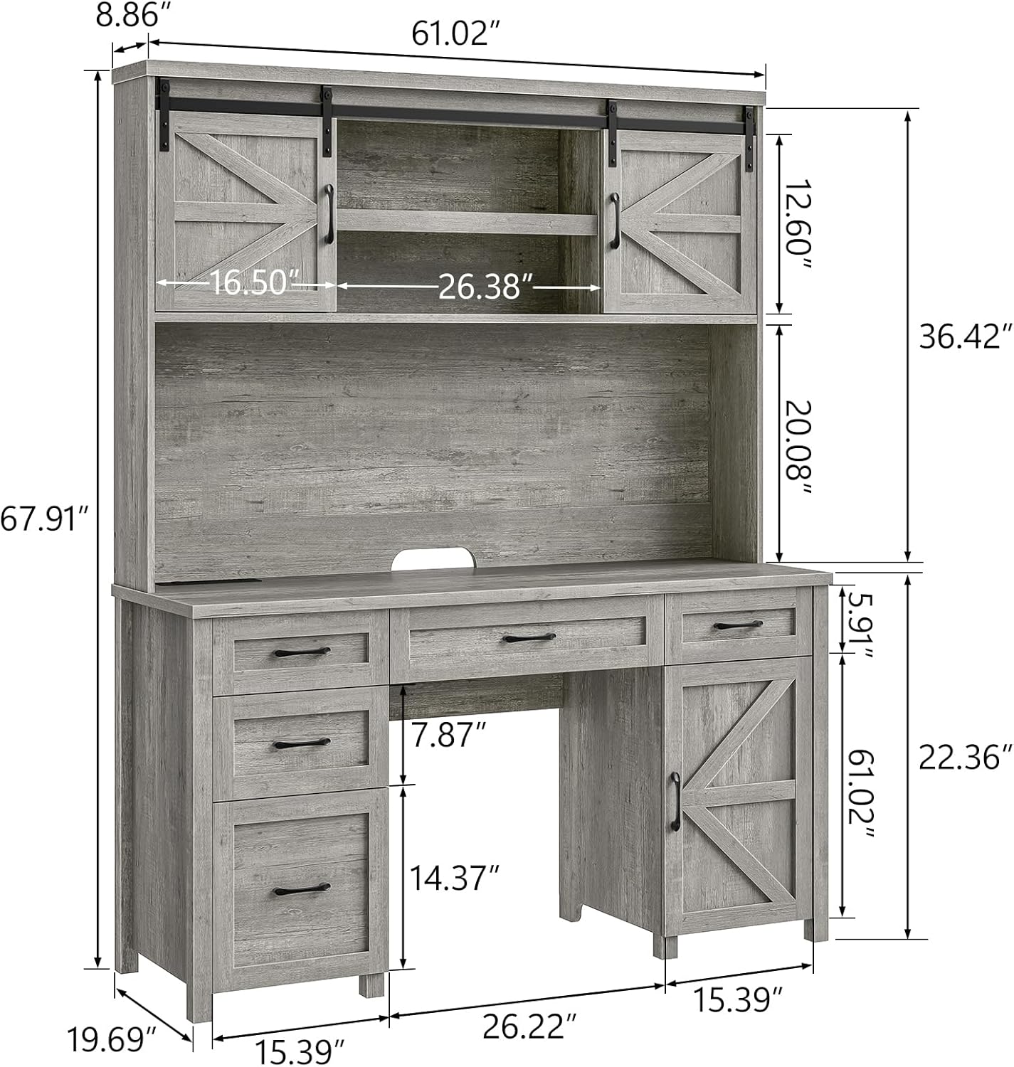 67''H Farmhouse Executive Desk with Hutch & 5 Drawers, Rustic Office Desks Computer Desks with Charging Station, File Drawers and Storage Cabinets, Wood Workspace for Home Office & Study,Grey.