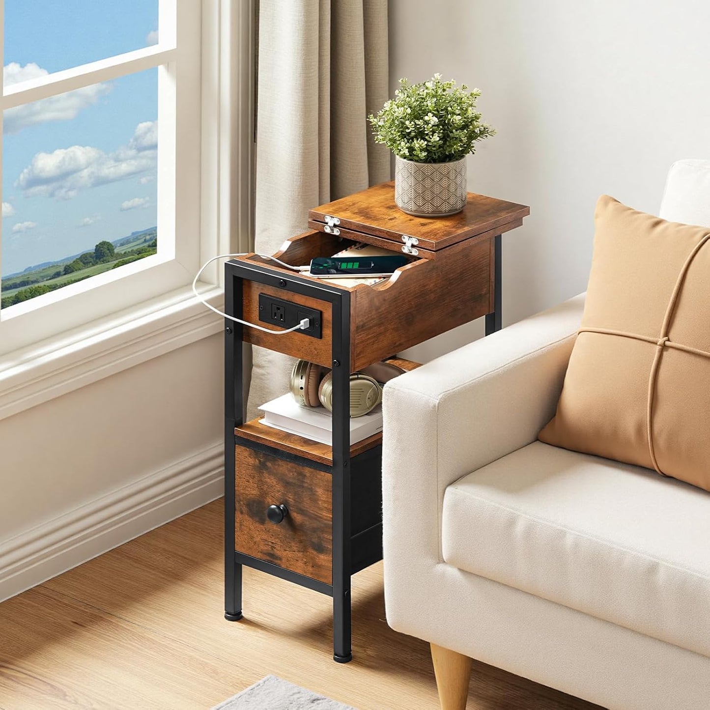 HOOBRO End Table with Charging Station, Flip Top Narrow Side Table with Storage Drawer, Slim Nightstand Bedside Tables, for Small Space, Living Room, Bedroom, Rustic Brown and Black BF343UBZ01G1