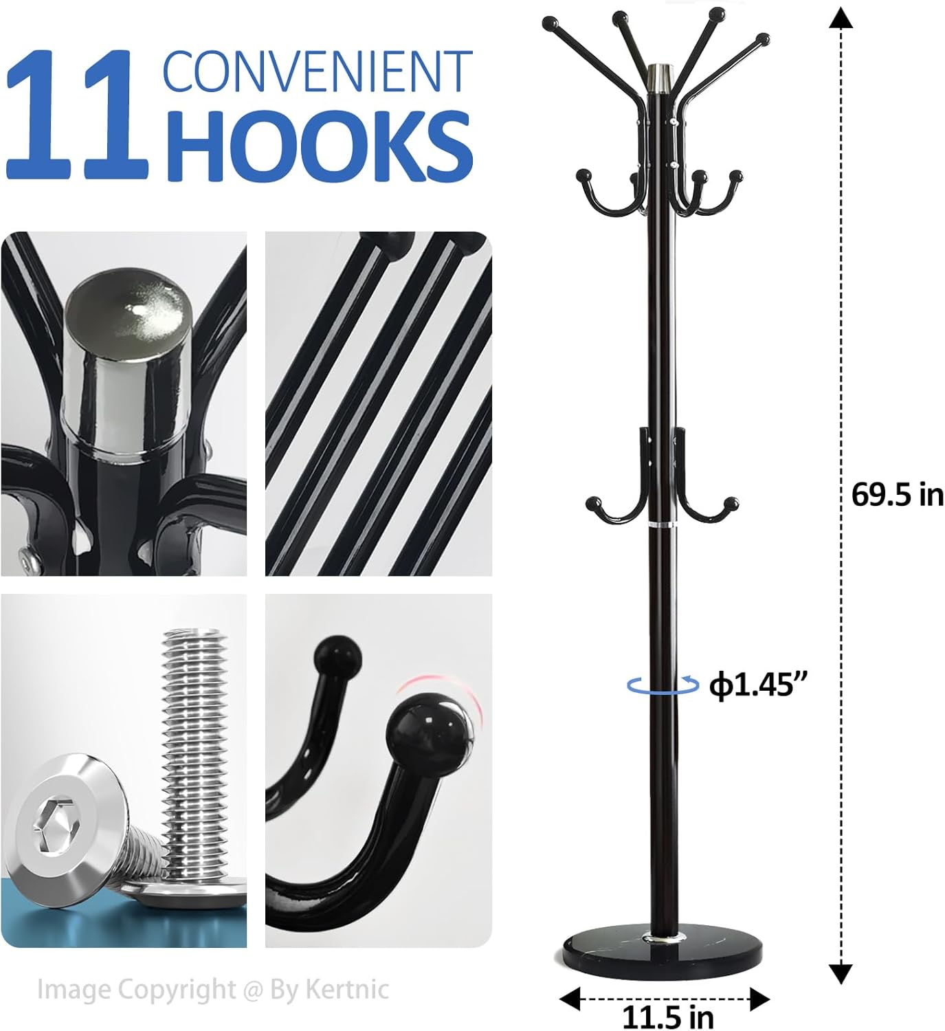 Kertnic Modern Coat Rack Freestanding with Natural Marble Base & Sturdy Metal Frame, 11 Hooks Hall Tree for Jackets, Hats, Bags, Entryway Organizer for Bedroom, Living Room, Closet (Black)