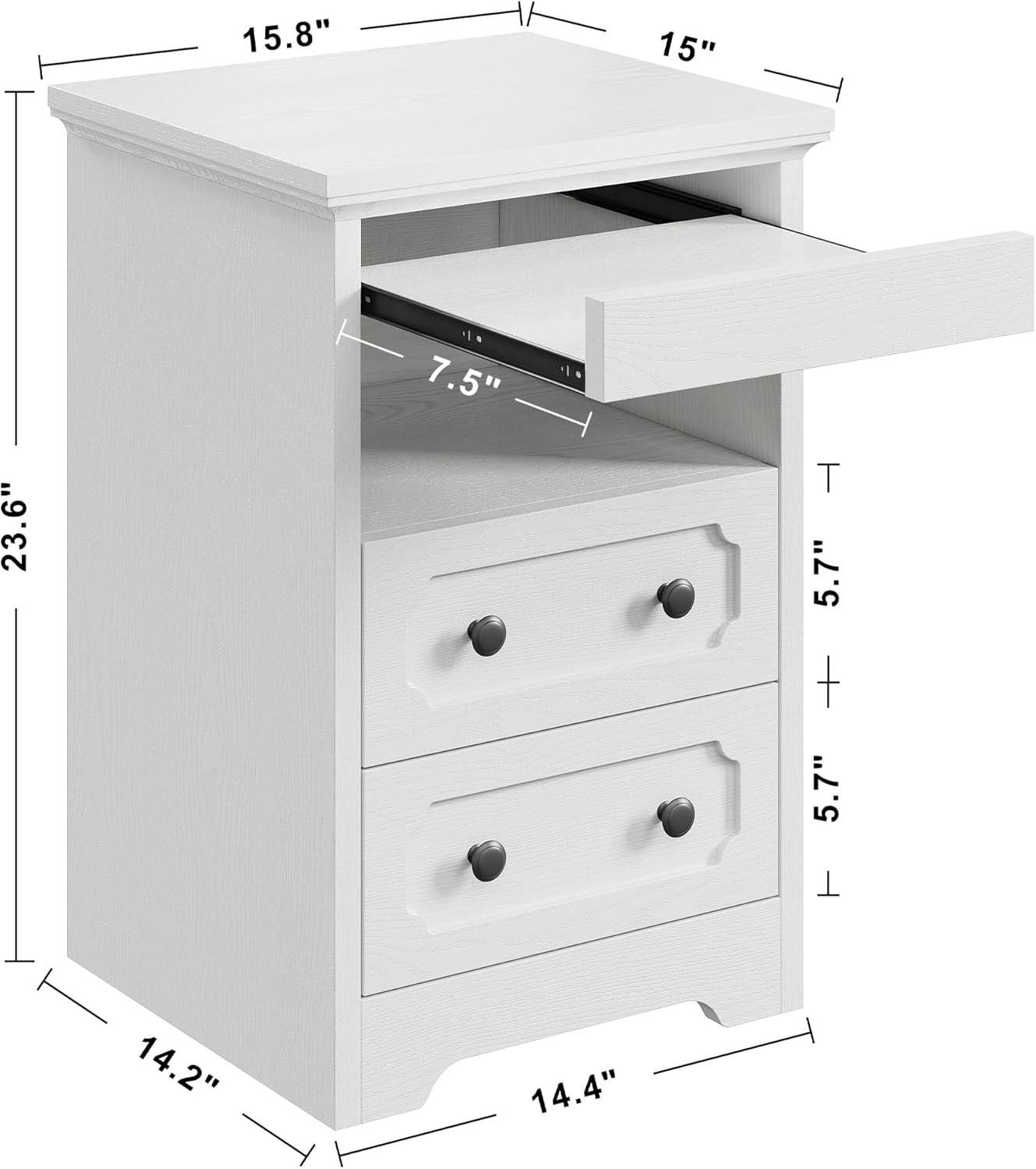 LIKIMIO Night Stand, Modern Bedside Table with 2 Drawers, Open Shelf, End Table with Pull-Out Tray, Wood SideTable, White
