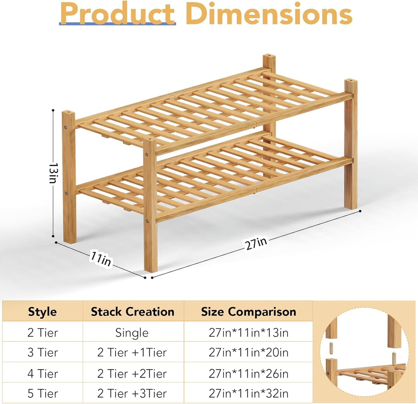 Haddockway 2 Tier Bamboo Shoe Rack Storage Organizer, Multifunctional Free Standing Stackable Shoe Shelf with Grid Panel for Closet,Hallway,Entryway,Small Space 27"x11"x13" (Natural, 2 Tier)