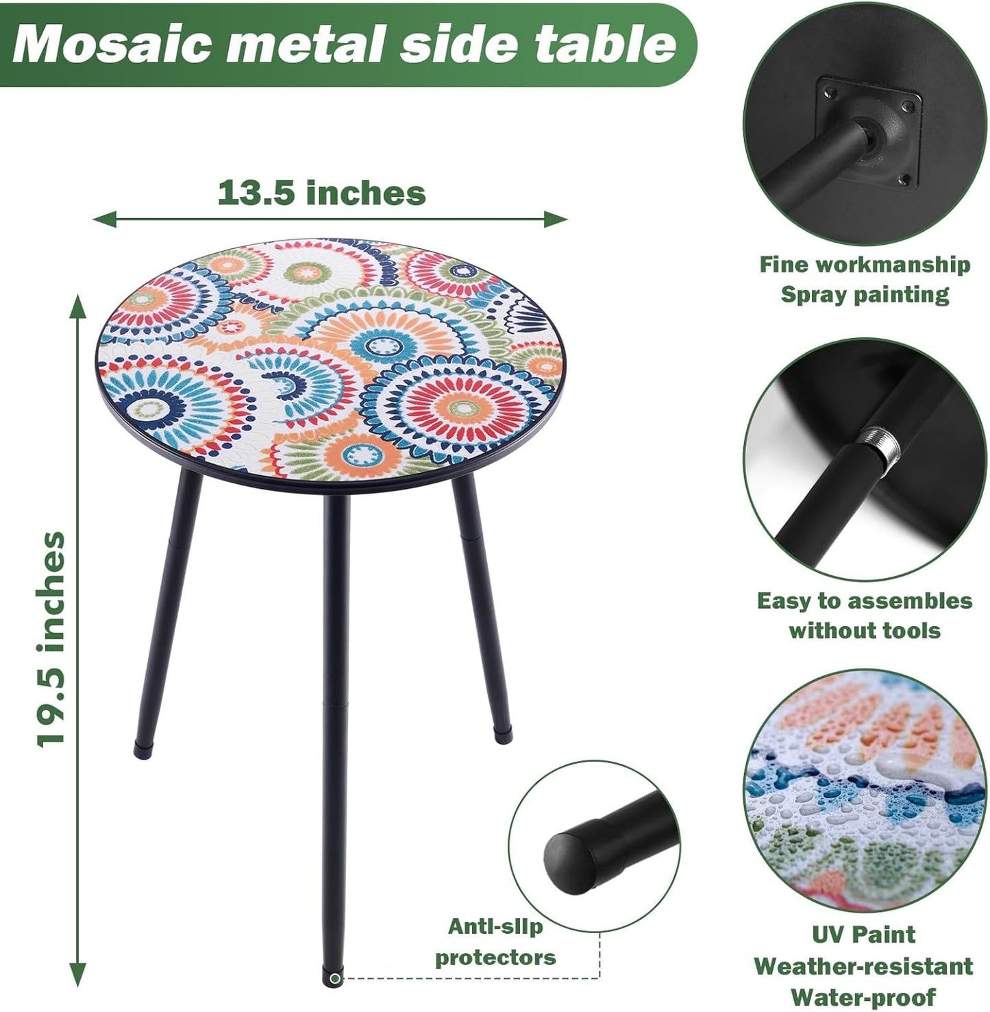 Party Zealot Metal Mosaic Round Side Table Set of Two 13.4" Small Outdoor Patio Round Accent Coffee Tables Indoor Corner Stand for Small Space Weather-Resistant for Balcony Plant Stand
